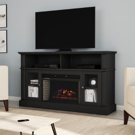HASTINGS HOME Electric Fireplace 59-inch Console TV Stand with Shelves, Remote Control and LED Flames (Black) 963844BAS
